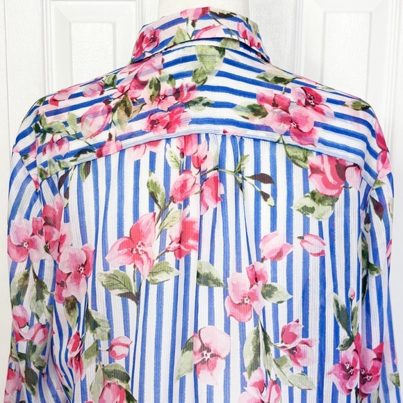 Talbots Sheer Floral Blue Stripe Print Long Sleeve Button Down Shirt XL - Picture 15 of 16